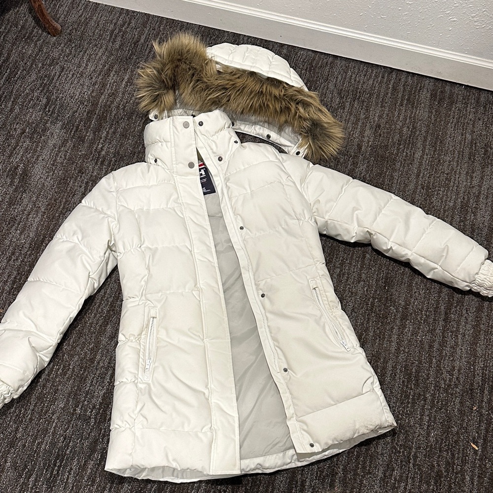 Helly Hansen Women's Off White Puffer Jacket with Faux Fur Hood